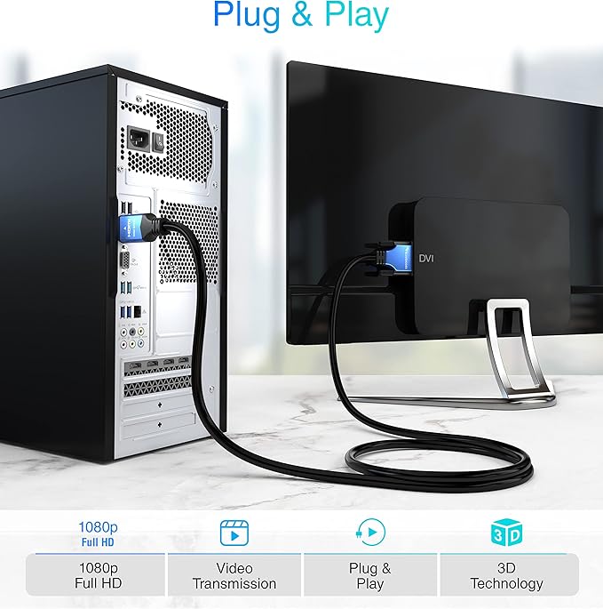 BlueRigger HDMI to DVI Cable 25FT (High-Speed, Bi-Directional Adapter Male to Male, DVI-D 24+1, 1080p, Aluminum Shell) - Compatible with Raspberry Pi, Roku, Xbox One, PS5/PS4/PS3, Graphics Card