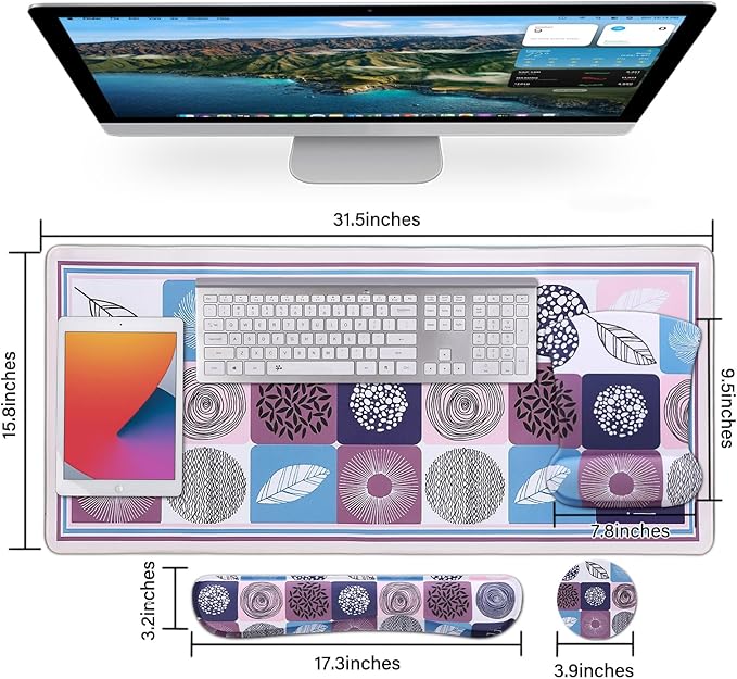 MEGREZ 4-in-1 Ergonomic Memory Foam Wrist Rest Set, Desk Pad, Mouse Pad with Wrist Rest, Keyboard Pad, Suitable for Office Workers, Programmers & Gamers–Relieve Typing & Gaming Fatigue, Color Grid