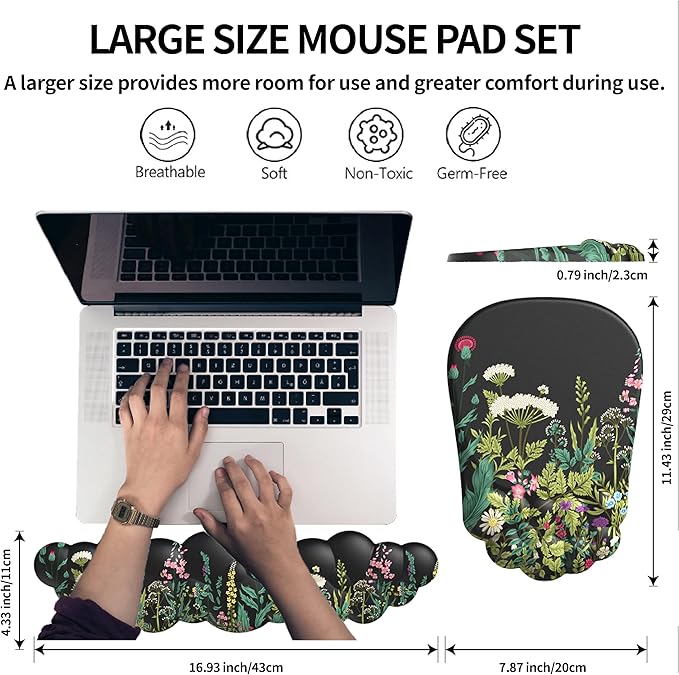 Ergonomic Mouse pad and Keyboard Wrist Rest,2 in1 Cloud Keyboard Wrist Rest+Cloud Mouse Pad, Non-Slip Wrist Rest for Computer Keyboard, Made Easy Typing & Relieve Wrist Pain Flower