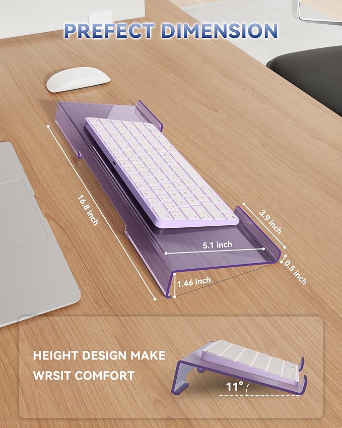 Ergonomic Computer Keyboard Stand for Desktop (Clear Purple), Acrylic Keyboard Tilted Elevated Rack Key Board Tray Holder Riser Stand for Office Home Desk Work Supplies