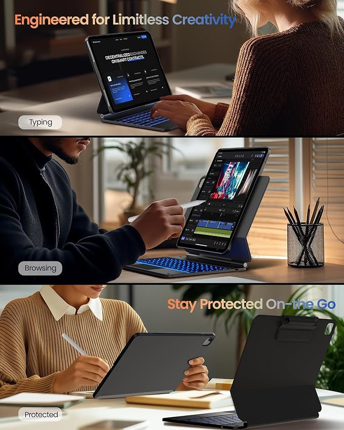 typecase Edge+ Keyboard Case for iPad Air 13"(M4/M3/M2, 2026/2025/2024) & iPad Pro 12.9"(3/4/5/6th Gen), Ultra-Slim Detachable Case, Portrait & Typing Modes, 11-Color Backlight, Magnetic Stand, Black