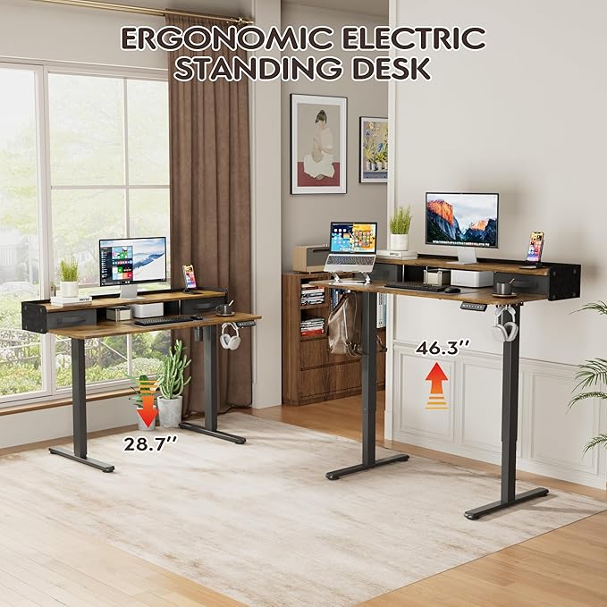 Furmax Electric Standing Desk with Drawers, Stand Up Desk with Storage Shelf Height Adjustable Computer Desk with Organizer for Home Office Ergonomic (Rustic Brown, 48 Inch)