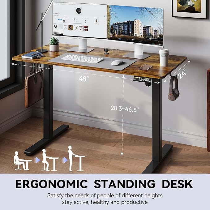Electric Standing Desk,48x24 Inches Adjustable Height Stand up Desk, Sit Stand Home Office Desk with Splice Board, 3 Preset Heights,Equipped with Hooks,Ergonomic Computer Workstation，Brown