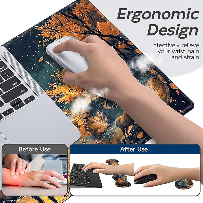 Gaming Mouse Pad Set, Moon Forest Elk Large Desk Mat Mousepad, Keyboard Wrist Support, Mouse Wrist Rest, Coaster 4in1 Ergonomic Memory Foam, Non-Slip Stitched Edge for Home Office