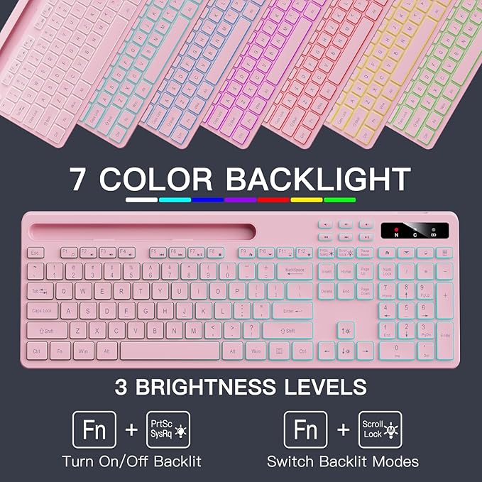 Wireless Keyboard with 7-Color RGB Backlit, Full-Size Computer Keyboard with Phone Tablet Holder, 2.4G Rechargeable Gaming Keyboard with Light Up Keys, Compatible with Mac, Windows (Pink)