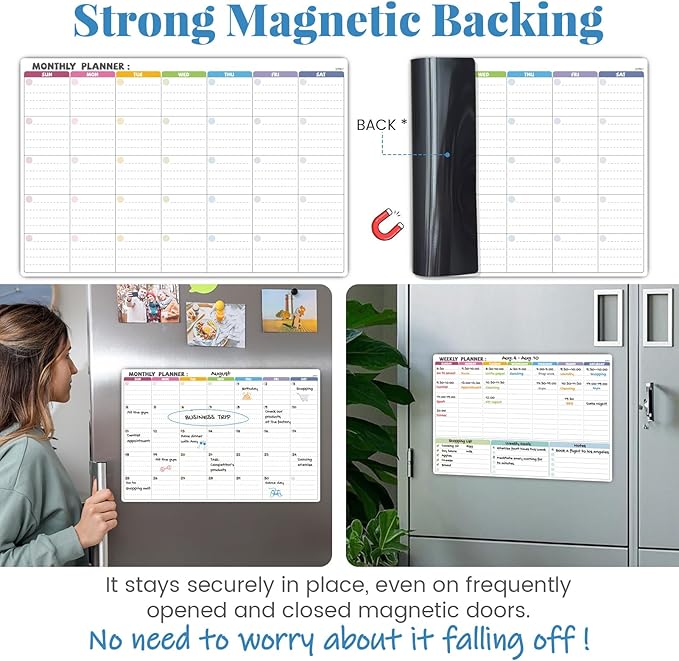 JJPRO Magnetic Dry Erase Monthly Calendar Whiteboard Set for Fridge-Reusable Monthly Calendar&Weekly Planner for Refrigerator-Starts Sunday-Magnetic Multicolor Monthly Planner Bundle-16.5"x11"