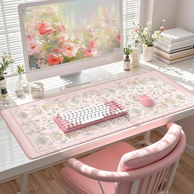 HAOCOO French Floral Desk Mat, Pink Desk Cover Mat, 35.4" x 15.7" Cute Long Mouse Pad, Aesthetic Flower Desktop Mat Accessories, Waterproof Teacher Desk Mat for Work, Study