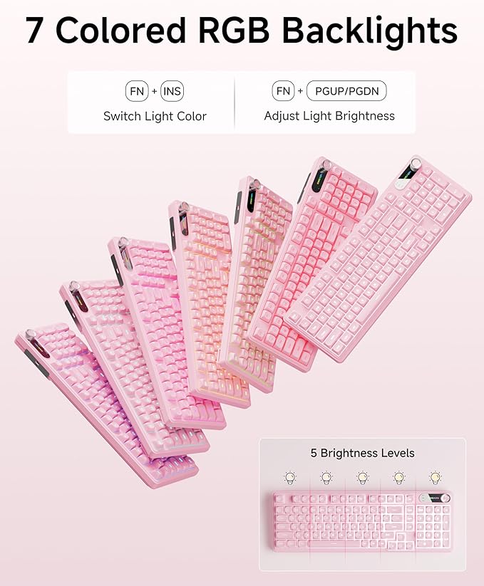 C98 Wired Keyboard and Mouse Combo, Wired Ergonomic Computer Keyboards with Wrist Palm, Double-Shot Keycaps, Silent RGB Backlight Quiet Keyboard for Windows/MAC/PC - Pink
