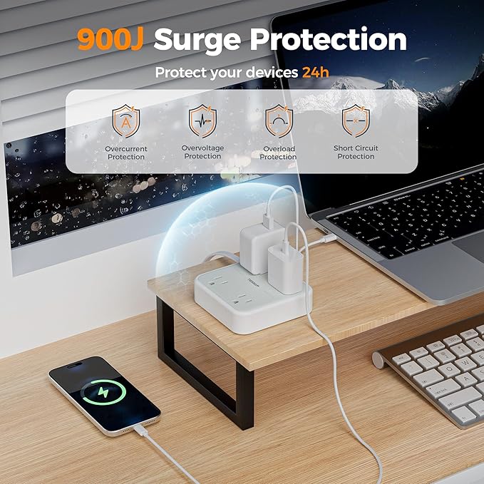 TESSAN 900J Surge Protector Power Strip, 4 Widely Spaced Outlets with 5 Ft Flat Plug Extension Cord, Small Charging Station for Home, Office, Dorm Room and Work from Home, Gray
