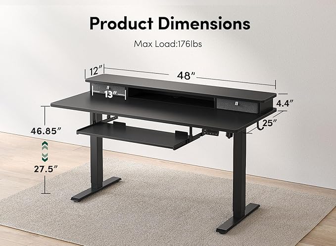 FEZIBO Standing Desk with Drawers and Keyboard Tray, 48"×24" Electric Height Adjustable Table with Monitor Shelf, Computer Home Office Sit and Stand up Workstation, Black