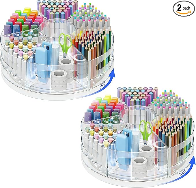 2 Packs Pen Organizer for Desk - Acrylic Pen Holder with Hand Grips, 360° Extra Large Rotating Desk Organizer with 7 Removable Compartments for Office, Home, and Makeup Storage