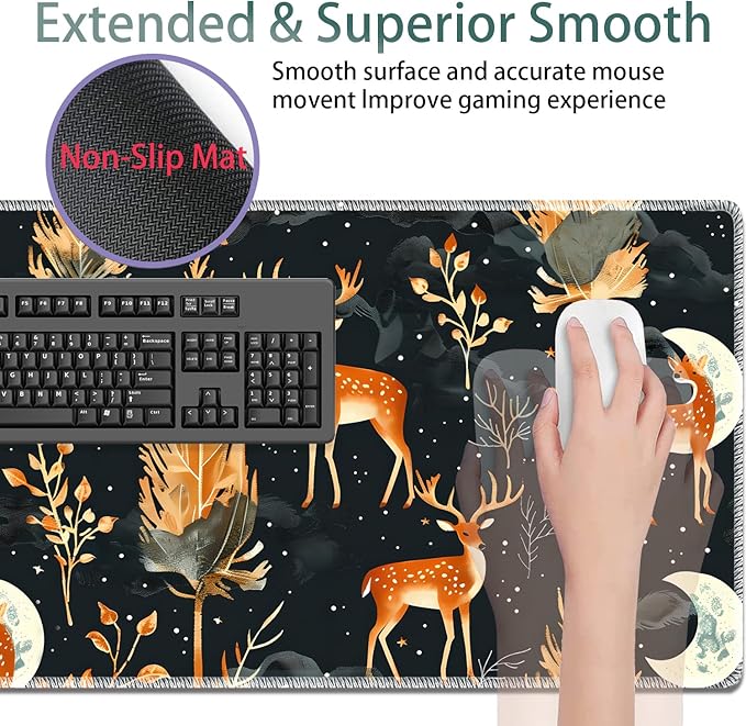 Large Gaming Mouse Pad + Keyboard Wrist Rest + Wrist Support + Coaster Set, Memory Foam Ergonomic for Easy Typing, XXL Extended Gaming Mouse Pad Table Pad - Forest Deer