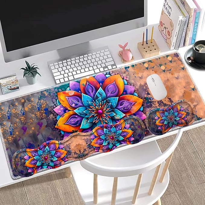Large Gaming Mouse Pad + Keyboard Wrist Rest + Wrist Support + Coaster Set, Memory Foam Ergonomic for Easy Typing, XXL Extended Gaming Mouse Pad Table Pad - Mandala Flower