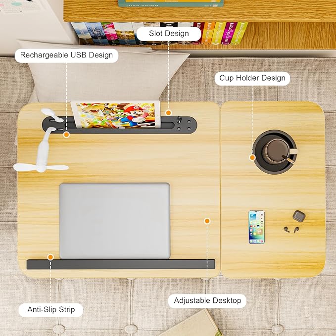 Laptop Desk for Bed, Adjustable Laptop Stand with 5 Different Angles, Portable Lap Tray Table with USB Charge Port and Cup Holder, Laptop Bed Desk Tray for Eating Working Writing (Walnut)