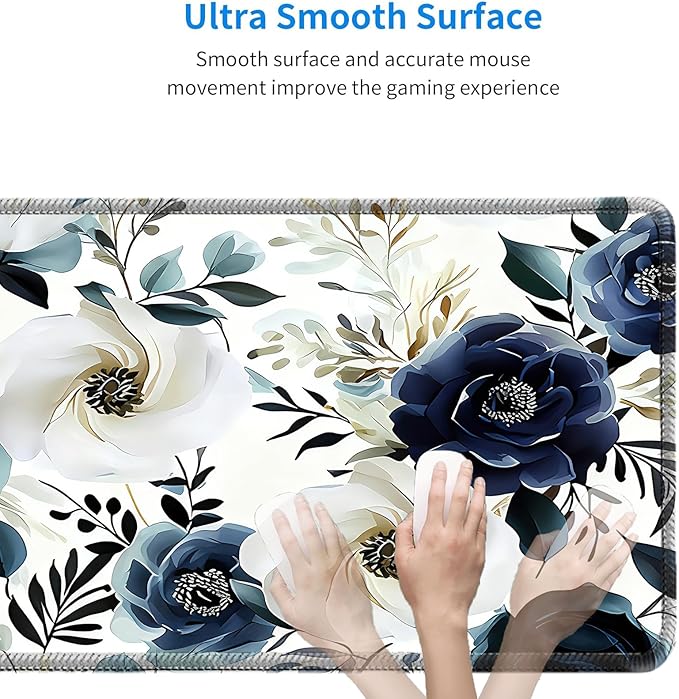 Blue Floral Peony Mouse Pad 31.5x11.8 Inch, Large White Flowers Desk Mat with Non-Slip Base, Micro-Woven Fabric, Stitched Edges for Office Computer