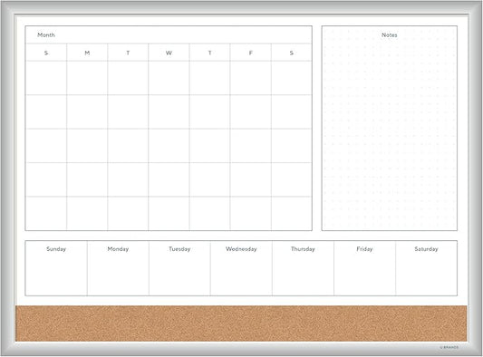 U Brands Magnetic Dry Erase 4-in-1 Calendar White Board, 24" x 18", Silver Aluminum Frame