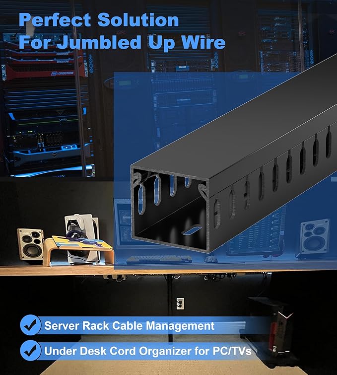 ZhiYo H1.4 W1.6 in Server Rack Cable Management Raceway, 99in (6X L16.5in) Cable Raceway Kit, Electrically Safe PVC Open Slot Wire Cord Hider for Under Desk/Computer/Network Cords, Black, H35 W40mm