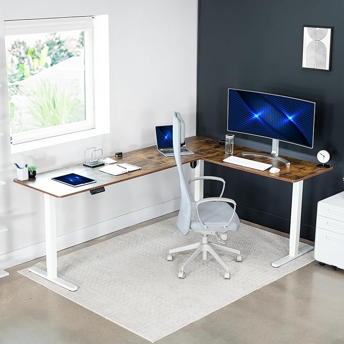 VIVO Corner Standing Desk, 84 x 63 inch Reversible L-Shaped Workstation, Electric Height Adjustment, Home, Office, and Reception Rooms, Rustic Vintage Brown Table Top White Frame, DESK-E3CTWN-84