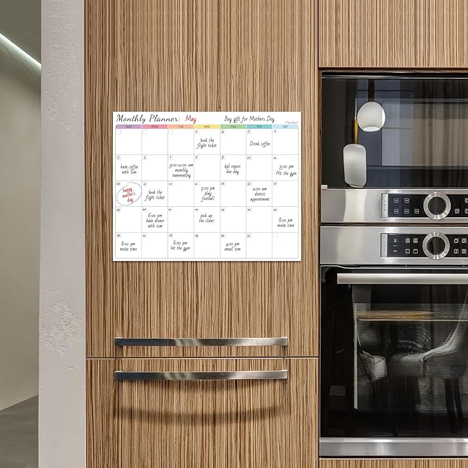 Non-Magnetic Dry Erase Calendar for Fridge - Reusable Monthly Calendar Sticks to Most Smooth Surfaces - 6 Dry Erase Markers Included - Shipped Flat