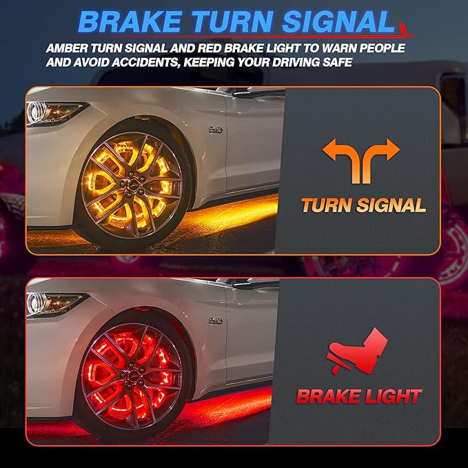 MICTUNING 17inch V1 RGB+IC Chasing Color Wheel Ring Lights Kit with APP Control, Double-Row Dream Color Chasing Flow Neon Wheel Rim Lights with Turn Signal and Braking for Pickup Truck Car SUV