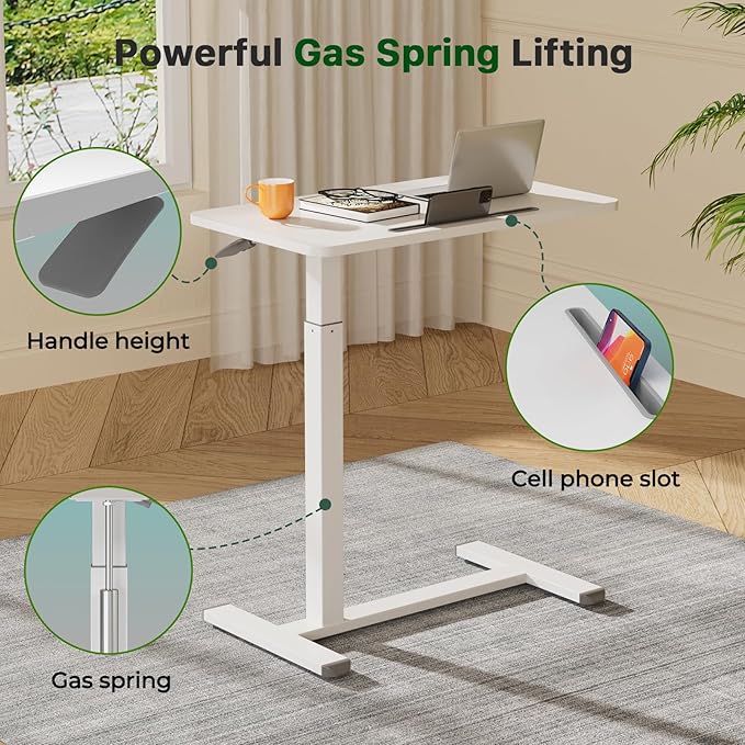 Mobile Standing Desk, Pneumatic Adjustable Rolling Desk(27.5 Inches), Portable Laptop Desk with Wheels, Overbed Bedside Table Laptop Table for Couch, Home, Office, White
