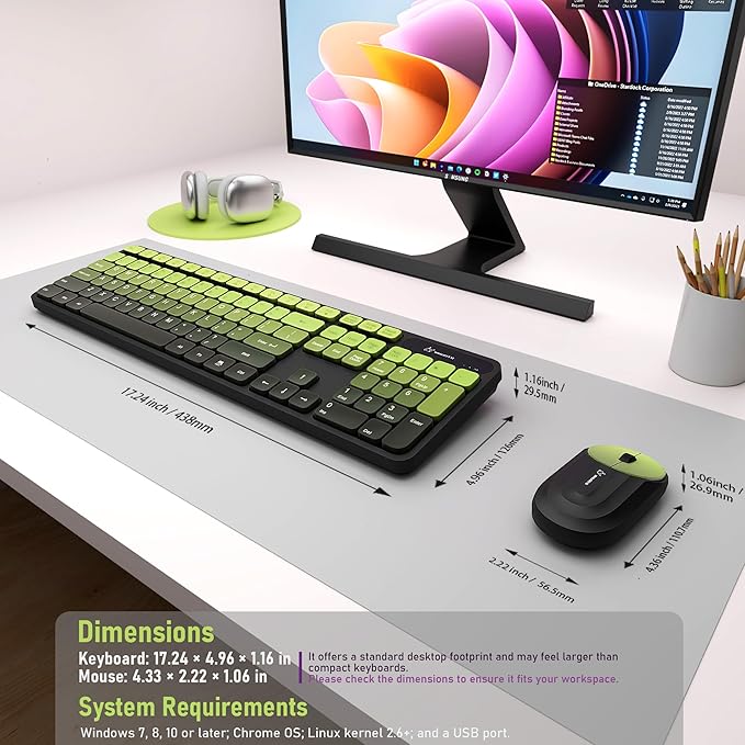 Wireless Keyboard and Mouse Combo - 2.4G Wireless, Rechargeable, Low-Noise, Cute Colorful, Full-Sized, 3 DPI Adjustable Mouse, for Computer, Laptop, PC, Desktop(Black Green)