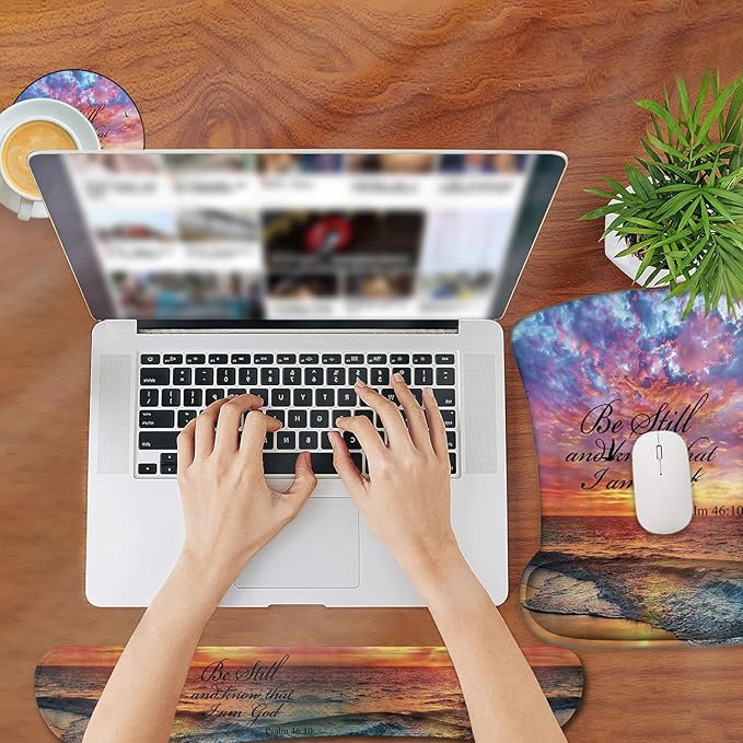Ergonomic Mouse Pad, Mouse Wrist Rest Pad + Keyboard Wrist Rest Pad + Coaster, Made of Memory Foam, Easy to Use and Relieve Wrist Pain, Computer, Games, Office, Home - Sunsets, Beaches and Waves