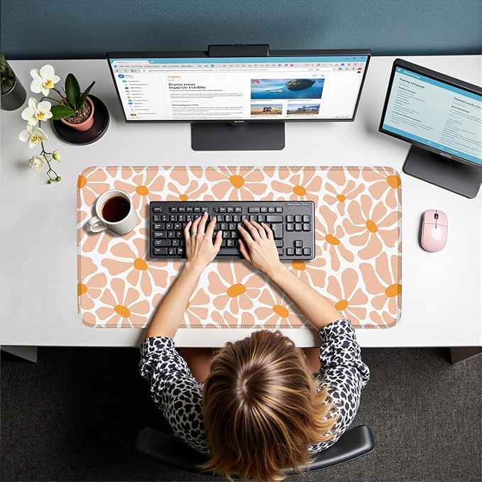 Boho Groovy Floral Leaf Mouse Pad Xl-31.5x15.7in-Desk Mousepad-Extended Aesthetic Keyboard Mouse Pad-for Desk Kid Girl with Stitched Edges Non-Slip Cozy Office Decor