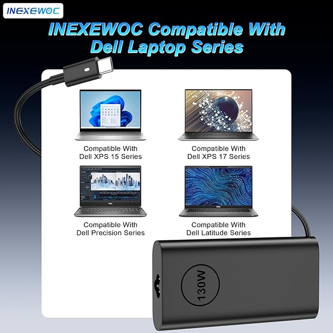 130W USB C Laptop Charger Compatible with Dell XPS 15 17 2in1 9575 9500 9520 9700 Precision 3560 5550 5530 5750 5560 5570 Latitude 9510 9410 7210 7310 7410 5510Type C AC Adapter Power Cord