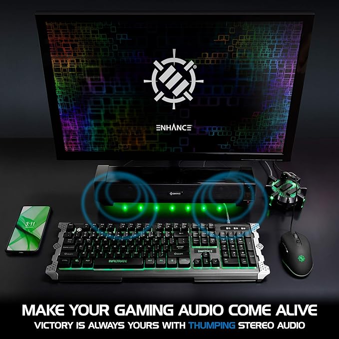 ENHANCE Gaming Attack Sound Bar PC Speaker - Under Monitor Soundbar Computer Speaker with Loud 40W Hi-Fi Audio, 3 LED Color Modes, and Dual Inputs for PC, Laptop, or Phone AUX