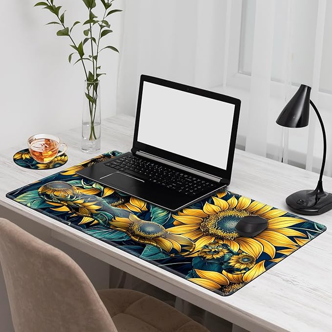 Gaming Mouse Pad Set, Sunflowers Pattern Large Desk Mat Mousepad, Keyboard Wrist Support, Mouse Wrist Rest, Coaster 4in1 Ergonomic Memory Foam, Non-Slip Stitched Edge for Home Office