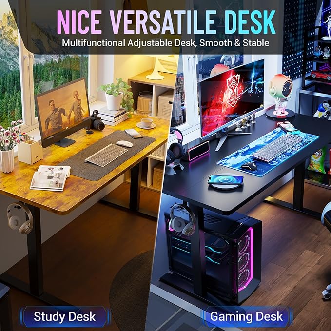 Veken 55 Inch Large Electric Standing Gaming Desk, Heights Adjustable,Sit to Stand Up, Work Home Office Computer Table for Study, Walking Pad, Writing, and Games, Wooden Desktop Desks, Black