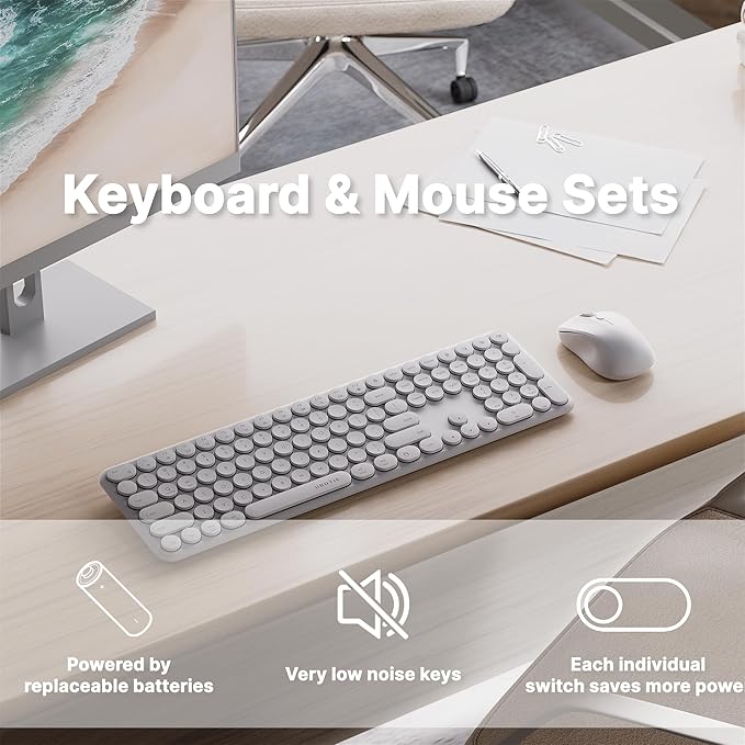 x UBOTIE Wireless Keyboard and Mouse Combo with 110 Round Keycaps, Power Switch, and Scissor-Switch Typing Feel – Ideal for Office Use(Cray)