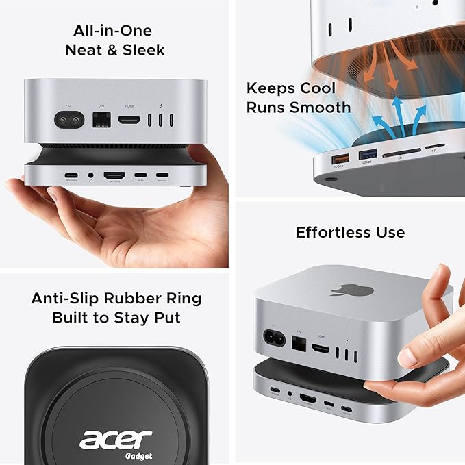 Acer Gadget Mac Mini M4 Dock, 8TB M.2 NVMe/SATA SSD Enclosure & Stand, 4K@144Hz HDMI, 10Gbps USB-C & USB-A Hub, SD/TF Card Reader, 3.5mm Audio, Aluminum Docking Station for Mac Mini M4 & M4 Pro, Black