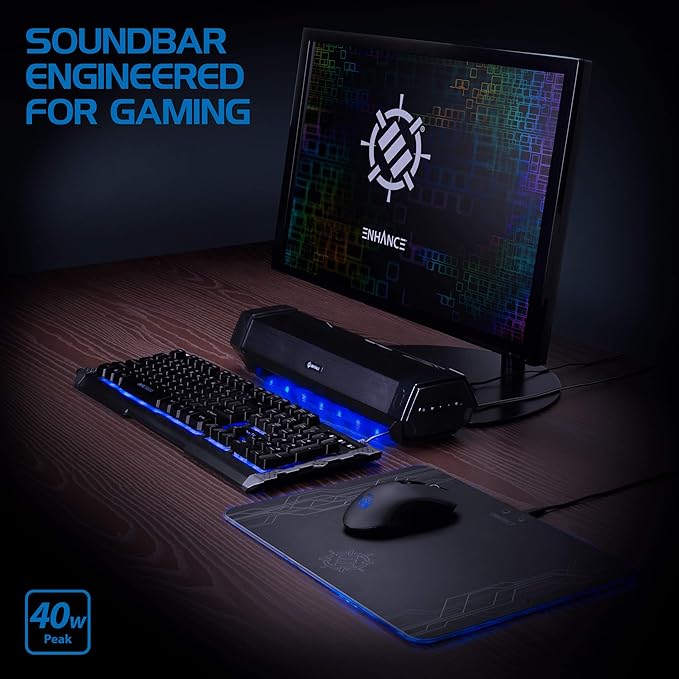 ENHANCE Gaming Attack Sound Bar PC Speaker - Under Monitor Soundbar Computer Speaker with Loud 40W Hi-Fi Audio, 3 LED Color Modes, and Dual Inputs for PC, Laptop, or Phone AUX