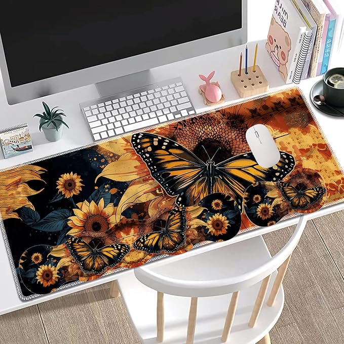 Large Gaming Mouse Pad + Keyboard Wrist Rest + Wrist Support + Coaster Set, Memory Foam Ergonomic for Easy Typing, XXL Extended Gaming Mouse Pad Table Pad - Sunflower and Butterfly