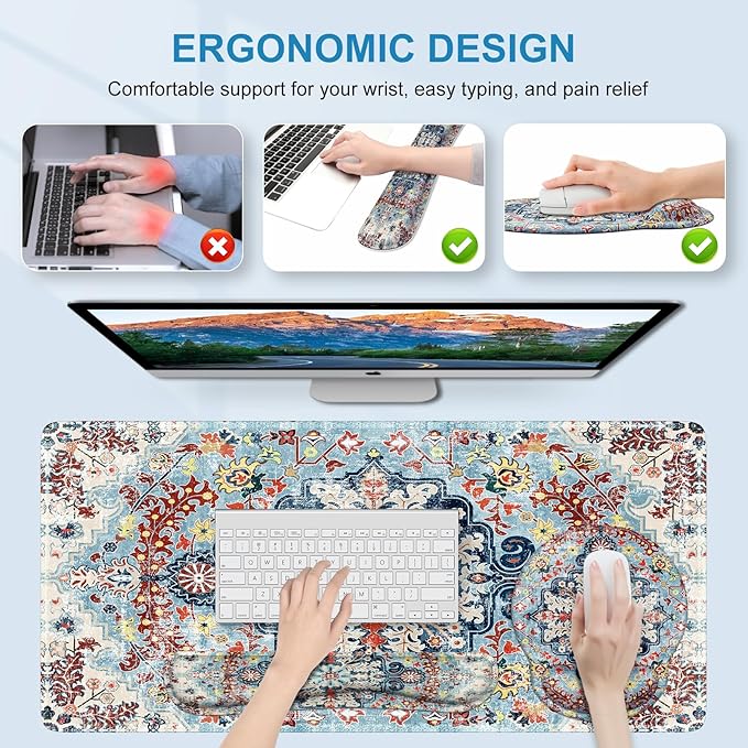 iLeadon Ergonomic Mouse Pad Set, Boho Desk Mat + Mouse Pad with Wrist Rest + Keyboard Wrist Rest + Coaster, 4in1 Mouse and Keyboard Pad Set for Home Office, Boho Rug Blue