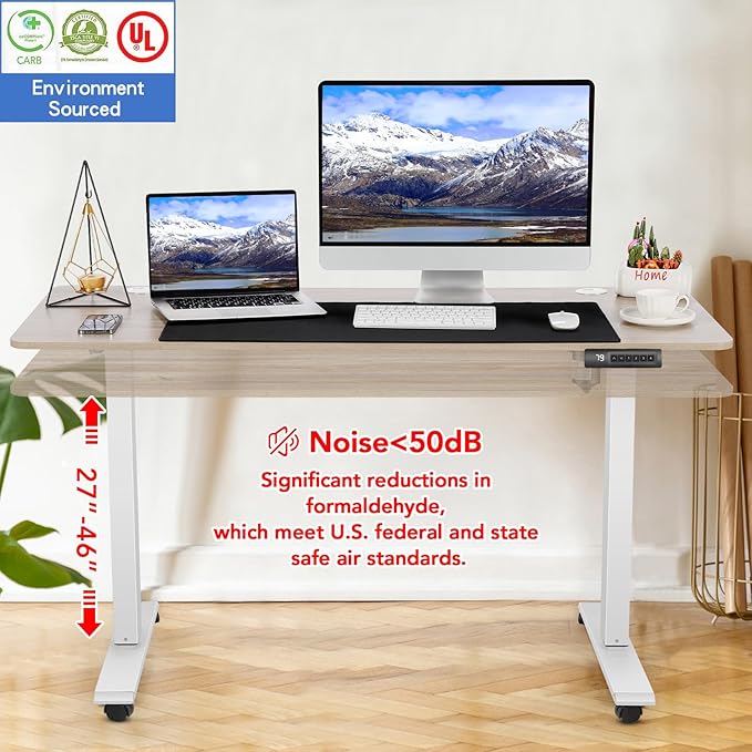 Standing Desk Adjustable Height, 48'' x 24'' Electric Sit Stand Desk for Home Office, Modern Rising Sturdy Ergonomic Workstation with Hooks and Wheels, Oak Grey