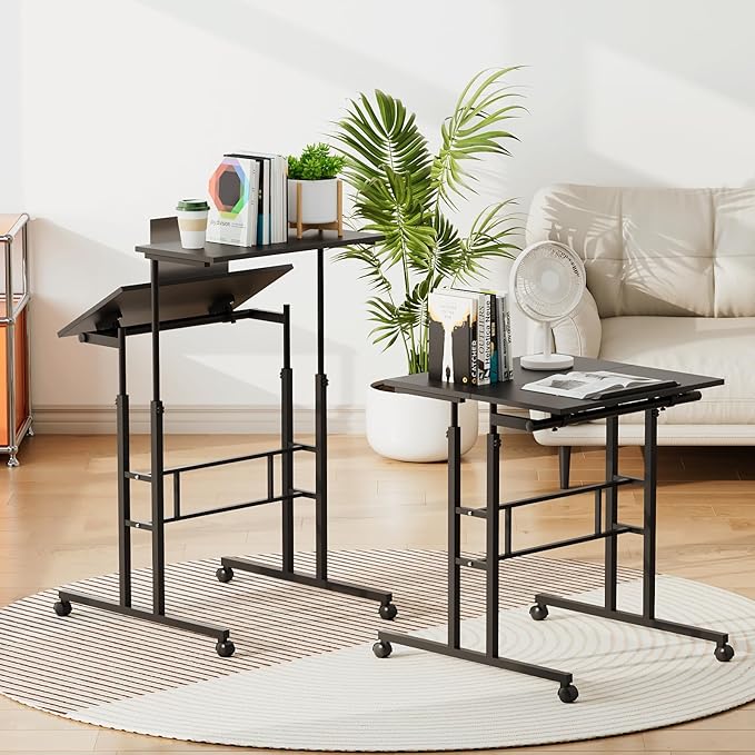 Athena Collection Height Adjustable Rolling Desk Mobile Portable Laptop Stand Cart Small Sit Standing Desk Computer Table Workstation for Home Office, Black