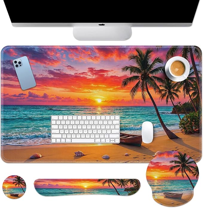 Arttown Sun Beach Desk Mat Tropical Ocean Mouse Pad Set 4 in 1 Ergonomic Design Large Mouse Pad + Keyboard Wrist Rest + Mouse Wrist Rest + Coaster Suitable for Home Office Study Game