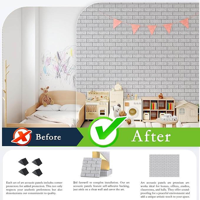 12Pack Acoustic Wall Panels, Self-Adhesive 3D Brick Pattern Sound Proof Panels for Walls, High Density Decorative Acoustic Foam Sound Proofing for Recording Studios, Offices, Home, 12"×12"×0.4", Grey