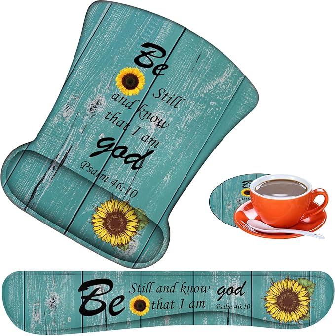 Ergonomic Mouse Pad, Mouse Wrist Rest Pad + Keyboard Wrist Rest Pad + Coaster, Made of Memory Foam, Easy to Use and Relieve Wrist Pain, Computer, Games, Office, Home - Sunflower Psalm 46:10