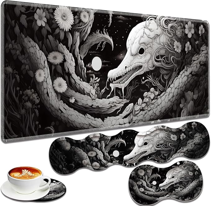 Large Gaming Mouse Pad + Keyboard Wrist Rest + Wrist Support + Coaster Set, Memory Foam Ergonomic for Easy Typing, XXL Extended Gaming Mouse Pad Table Pad - Black Snake