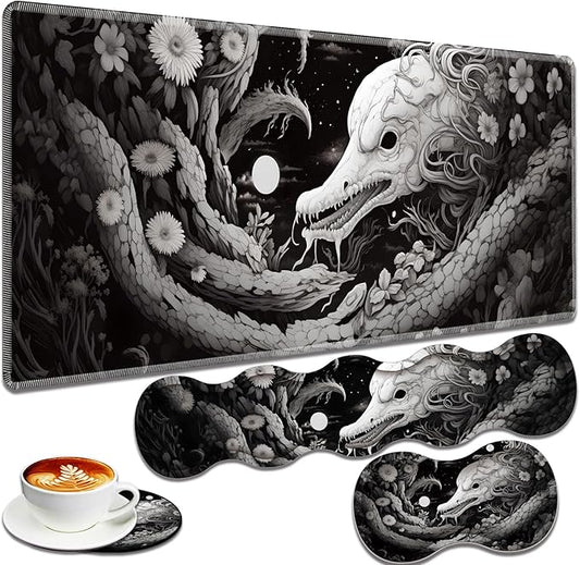 Large Gaming Mouse Pad + Keyboard Wrist Rest + Wrist Support + Coaster Set, Memory Foam Ergonomic for Easy Typing, XXL Extended Gaming Mouse Pad Table Pad - Black Snake