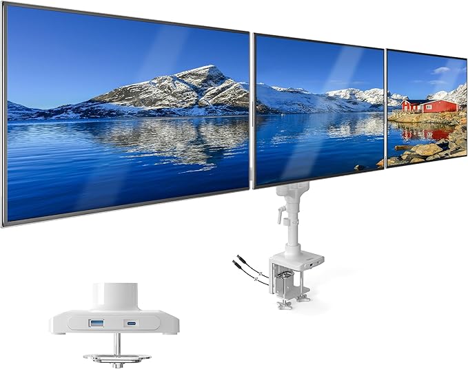 Mount-It! Triple Monitor Stand for Desk, 3 Arm Monitor Mount with Gas Spring Adjustment, Fits 13–32 Inch Screens up to 17.6 lbs per Arm, VESA 75 & 100, Clamp or Grommet Base, USB-C & A Ports, White