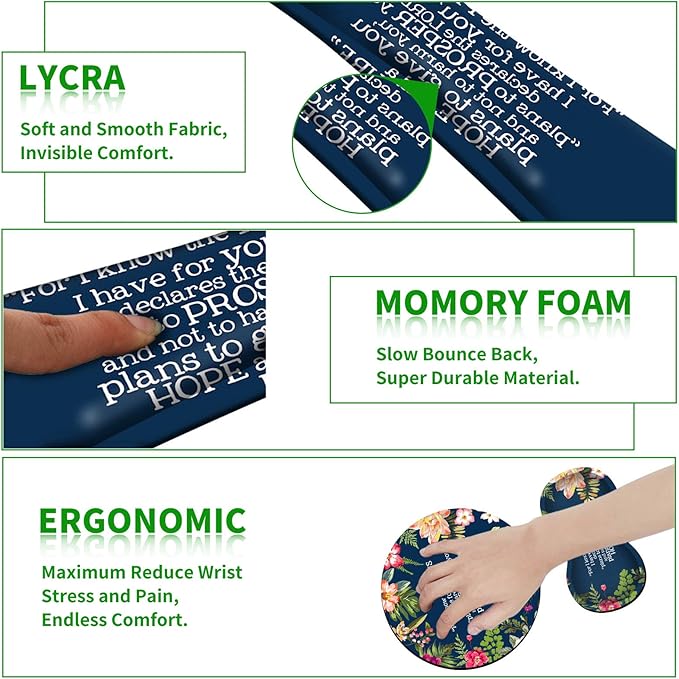Ergonomic Keyboard Wrist Rests Gel Memory Foam Mouse Pad with Round Mousepad + Coasters, Wrist Support Set with Non Slip Base for Gaming Laptop Easy Typing & Pain Relief, Inspirational Quotes
