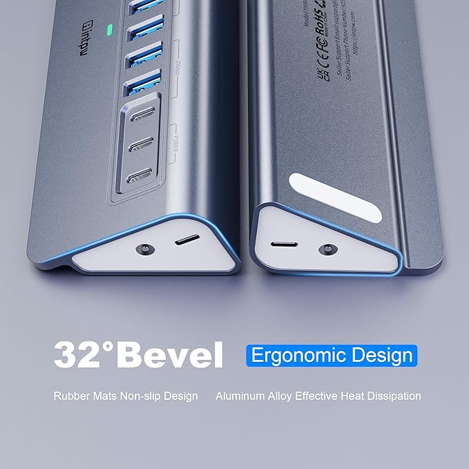 Powered USB Hub 10Gbps, intpw YH9AC 12-Port USB Splitter with USB A/USB C 3.2, 4 USB 3.0, 2 PD 45W Charging Ports, 65W Power Adapter + 3.3FT Cable, Aluminum USB Extender Hub for Laptop/PC/iPhone 16/15