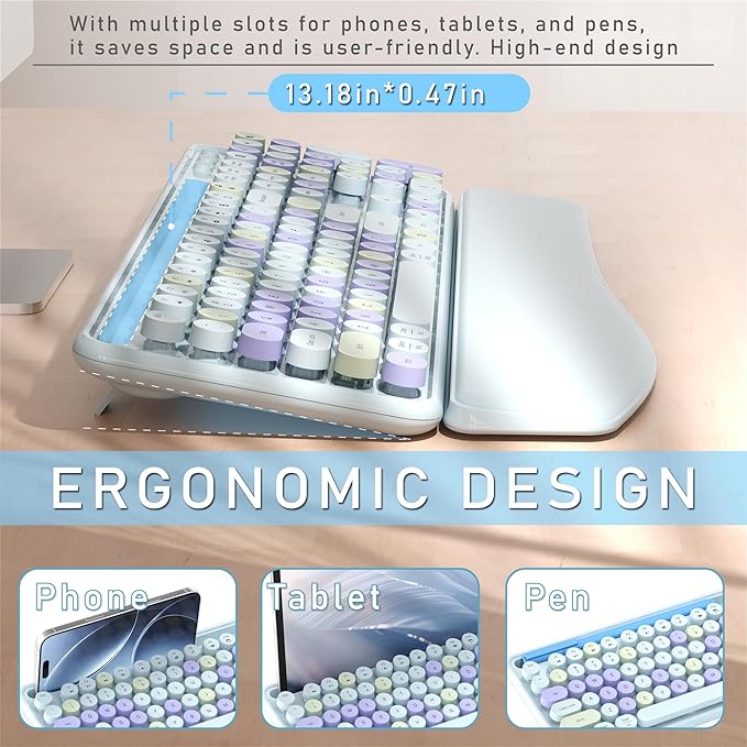 Colorful Wireless Computer Keyboard and Mouse Combo with Phone Holder, Wrist Rest, Typewriter Keys, 2.4GHz Wireless, Full-Sized Optical Mouse for PC and Laptop (Light Blue)