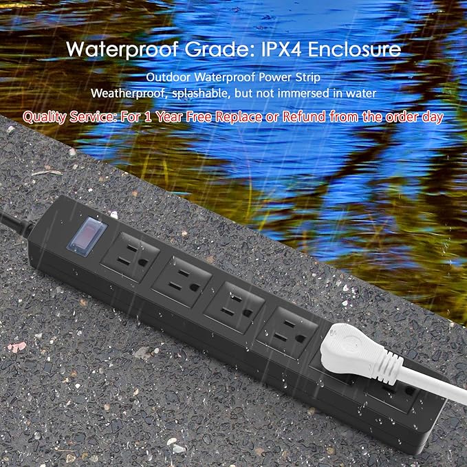 Outdoor Power Strip Waterproof with 6 Outlets, Garden Weatherproof Surge Protector, Christmas Multiple Outlet Exterior Socket for Lighting Appliances. 10FT Extension Cord Strip with Flat Plug. Black
