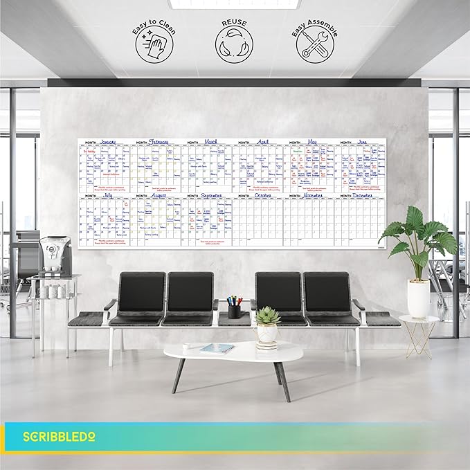 Extra Large 100"x36" Dry Erase Monthly Planner – 12-Month Whiteboard Calendar Includes 6 white Board Markers Eraser Push Pins & Mounting Tape